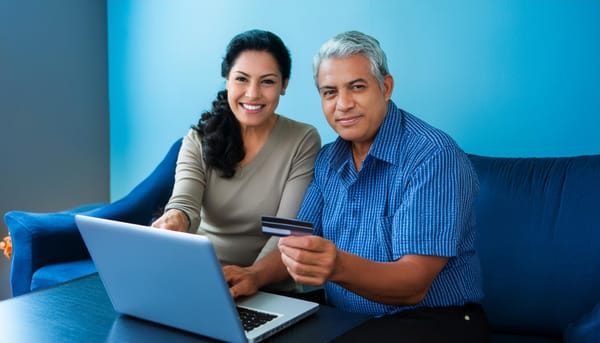 Older hispanic couple using laptop to purchase items