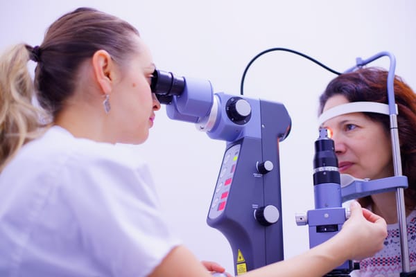 A woman is having her eyes examined by an optometrist.